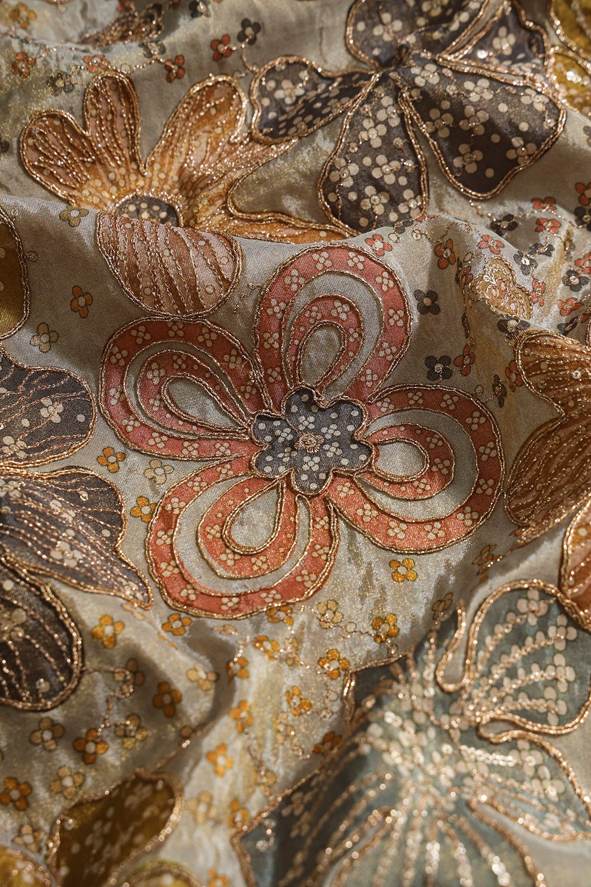 AIzaSyBcstauz-XMPRhEY21AUzeo032pxrXB5Ug - Floral Position Print On Sequins With Zari Embroidery On Pastel Grey Viscose Zari Tissue Fabric