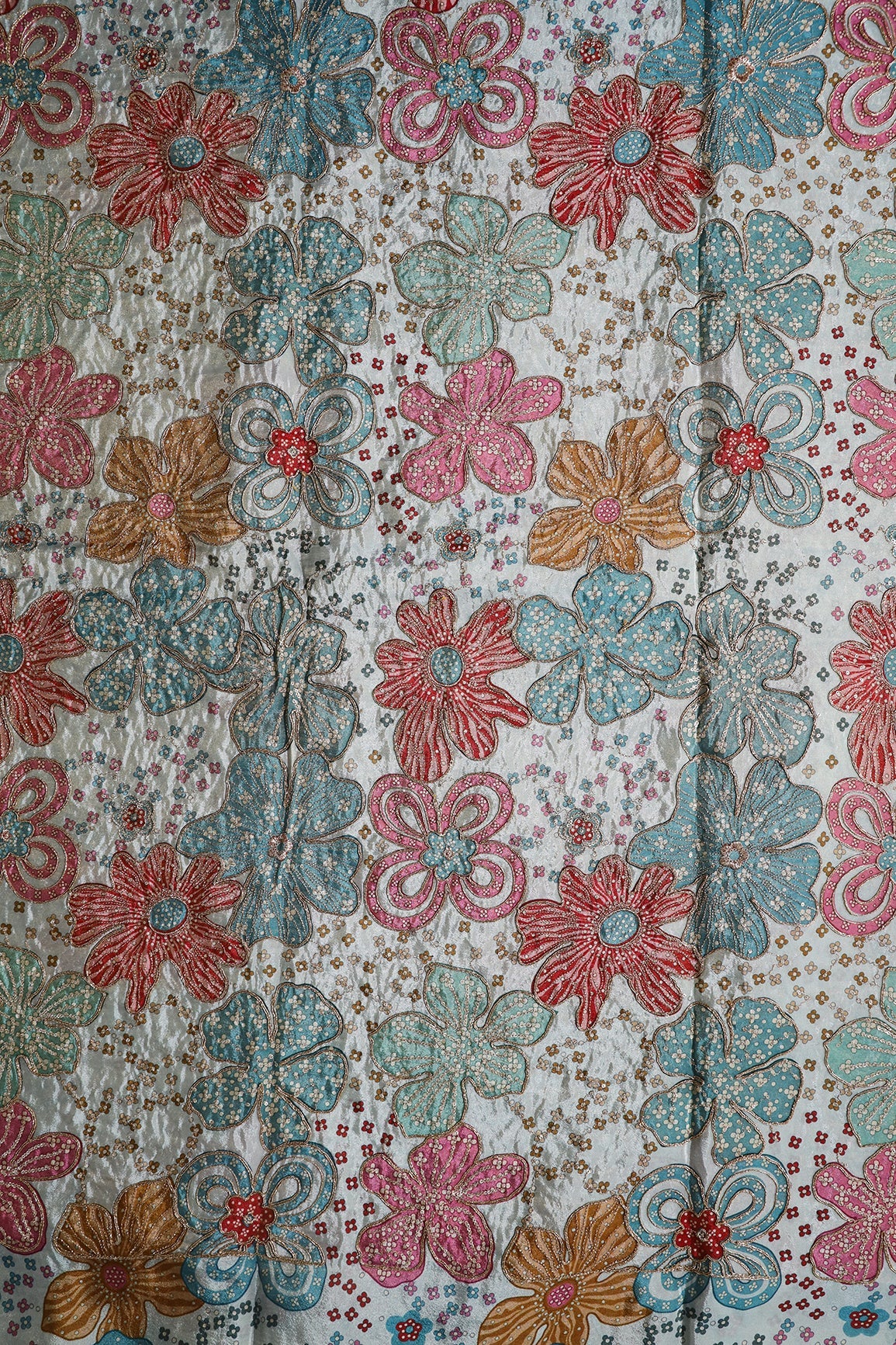 AIzaSyBcstauz-XMPRhEY21AUzeo032pxrXB5Ug - Floral Position Print On Sequins With Zari Embroidery On Pastel Blue Viscose Zari Tissue Fabric