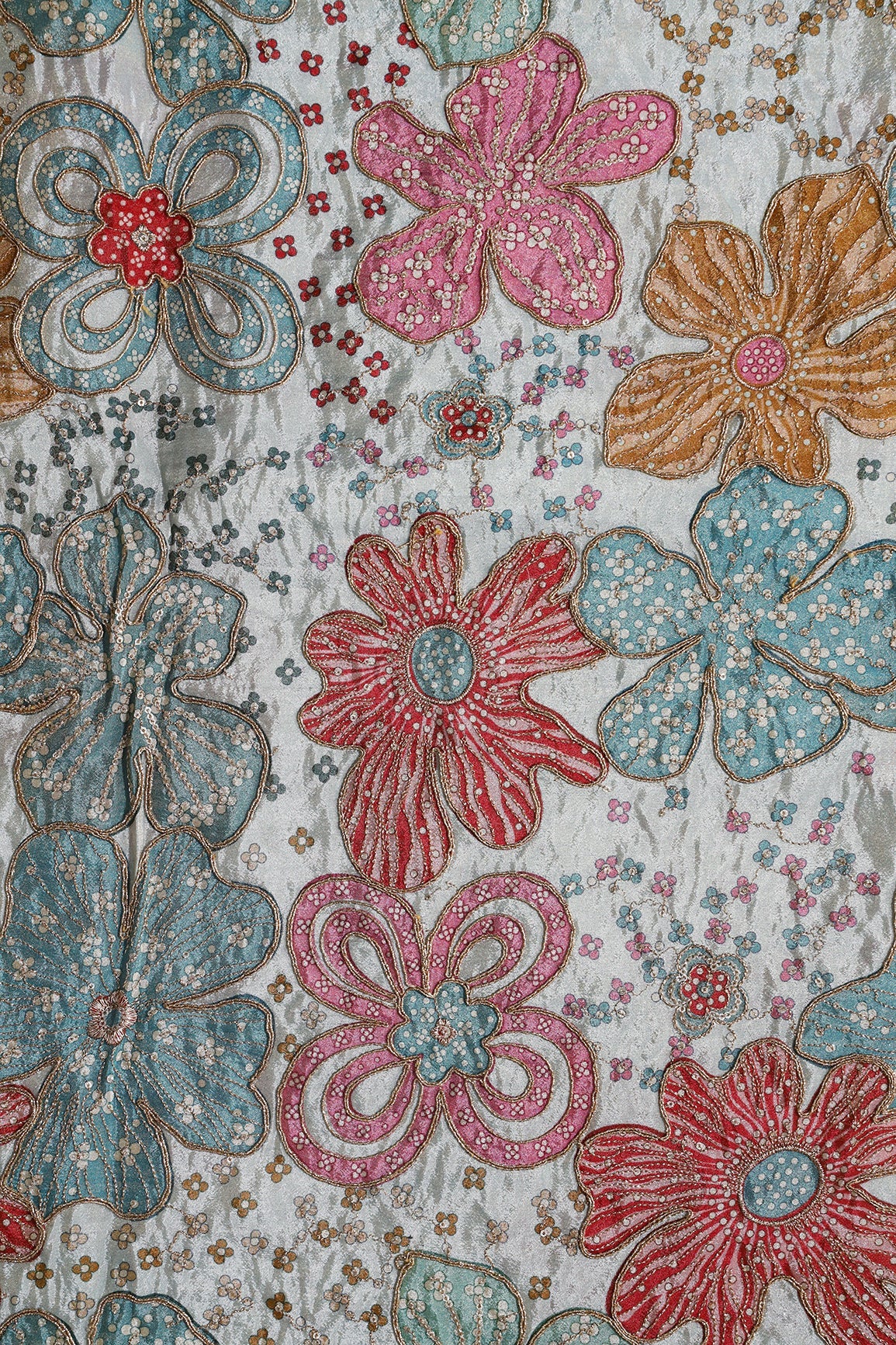 AIzaSyBcstauz-XMPRhEY21AUzeo032pxrXB5Ug - Floral Position Print On Sequins With Zari Embroidery On Pastel Blue Viscose Zari Tissue Fabric