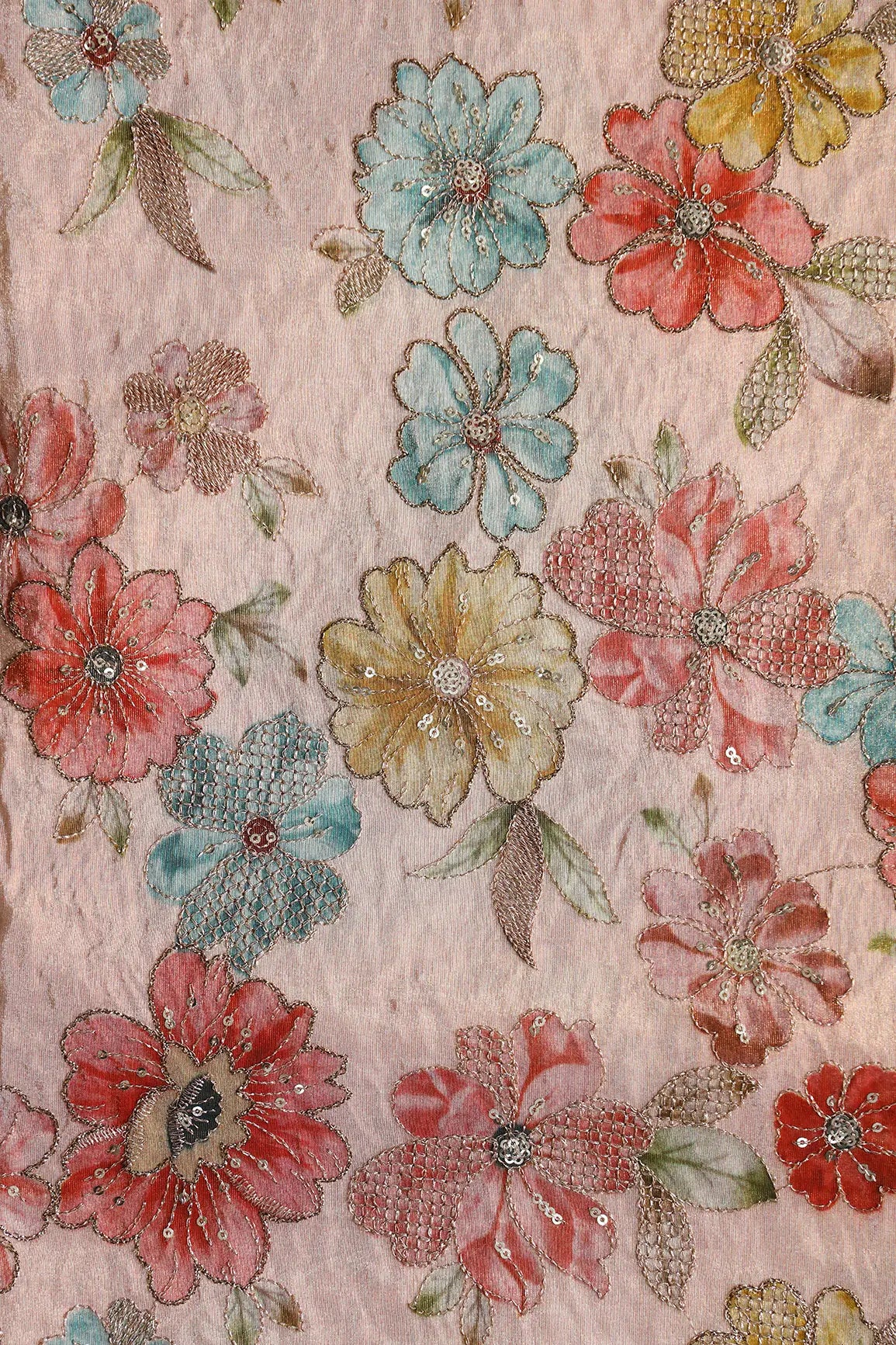AIzaSyBcstauz-XMPRhEY21AUzeo032pxrXB5Ug - Floral Position Print On Gold Zari With Sequins Embroidery On Pastel Pink Viscose Zari Tissue Fabric