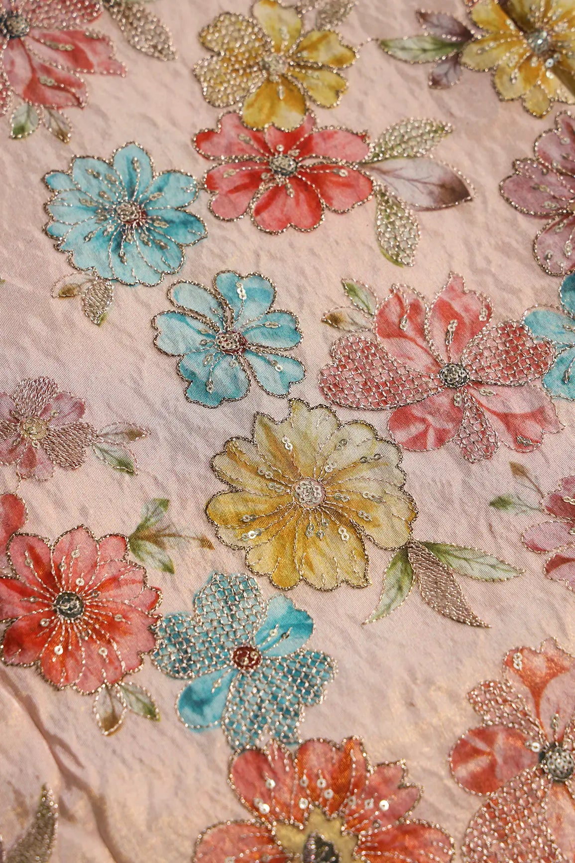 AIzaSyBcstauz-XMPRhEY21AUzeo032pxrXB5Ug - Floral Position Print On Gold Zari With Sequins Embroidery On Pastel Pink Viscose Zari Tissue Fabric