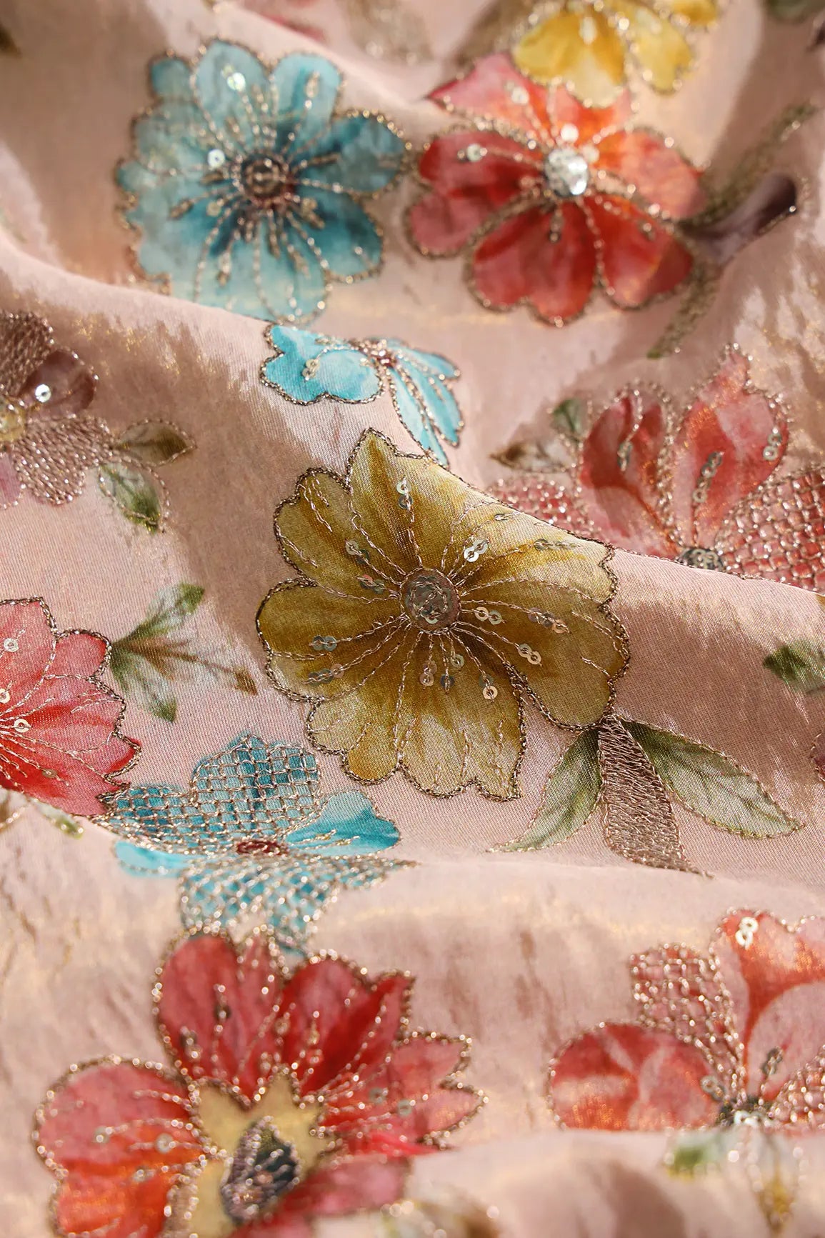 AIzaSyBcstauz-XMPRhEY21AUzeo032pxrXB5Ug - Floral Position Print On Gold Zari With Sequins Embroidery On Pastel Pink Viscose Zari Tissue Fabric