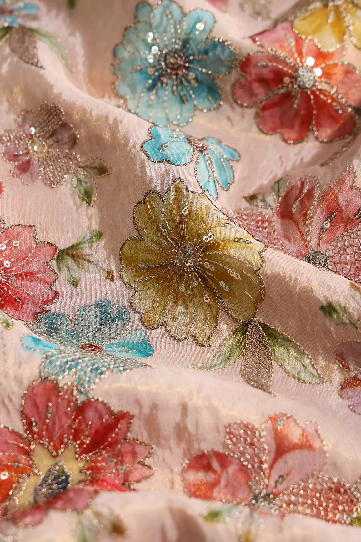 AIzaSyBcstauz-XMPRhEY21AUzeo032pxrXB5Ug - Floral Position Print On Gold Zari With Sequins Embroidery On Pastel Pink Viscose Zari Tissue Fabric