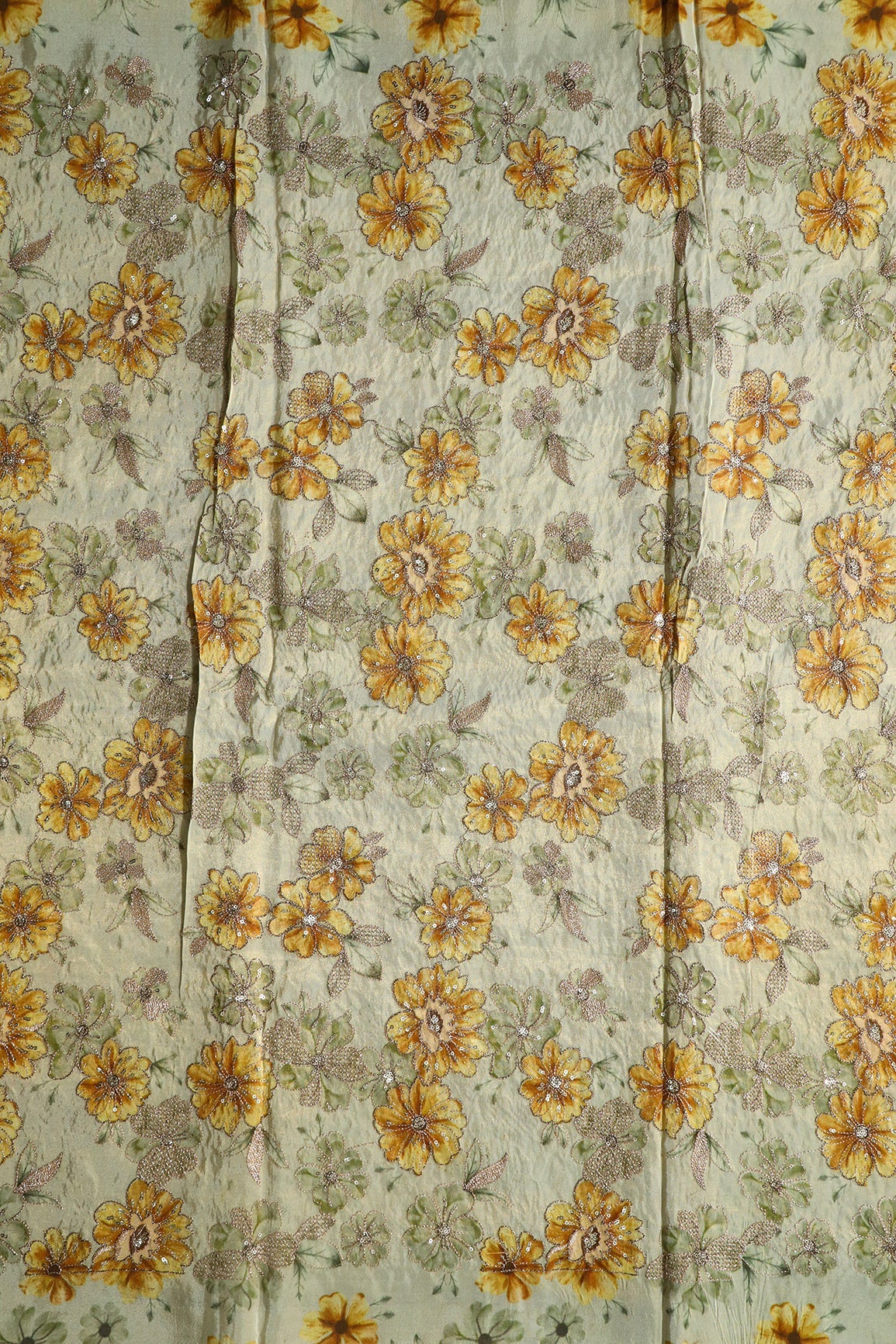 AIzaSyBcstauz-XMPRhEY21AUzeo032pxrXB5Ug - Floral Position Print On Gold Zari With Sequins Embroidery On Olive Viscose Zari Tissue Fabric