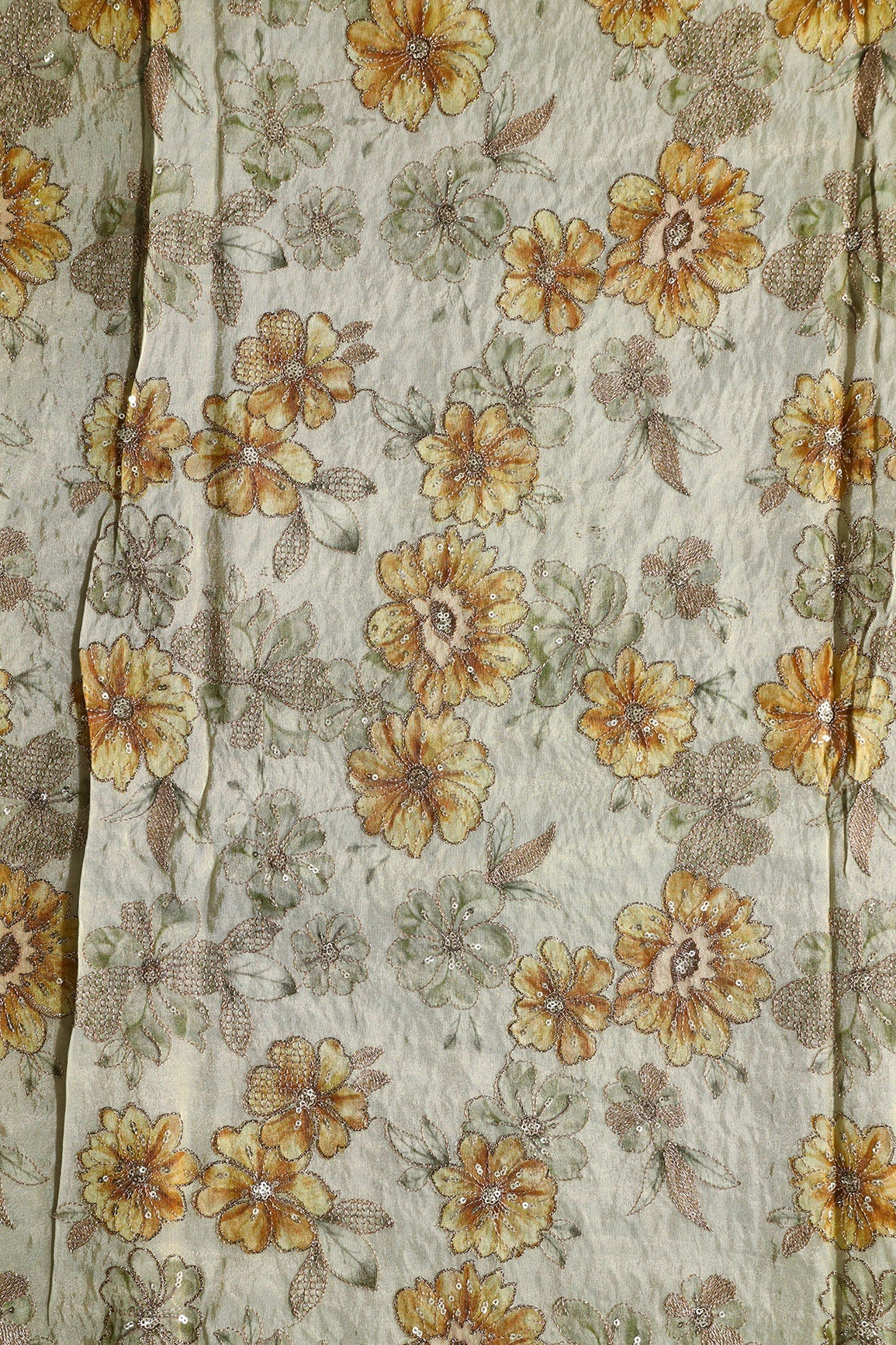 AIzaSyBcstauz-XMPRhEY21AUzeo032pxrXB5Ug - Floral Position Print On Gold Zari With Sequins Embroidery On Olive Viscose Zari Tissue Fabric