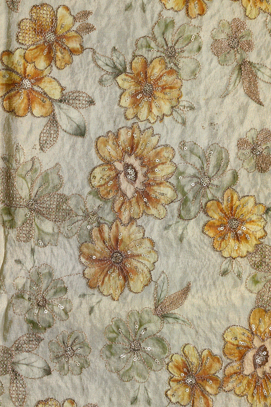 AIzaSyBcstauz-XMPRhEY21AUzeo032pxrXB5Ug - Floral Position Print On Gold Zari With Sequins Embroidery On Olive Viscose Zari Tissue Fabric