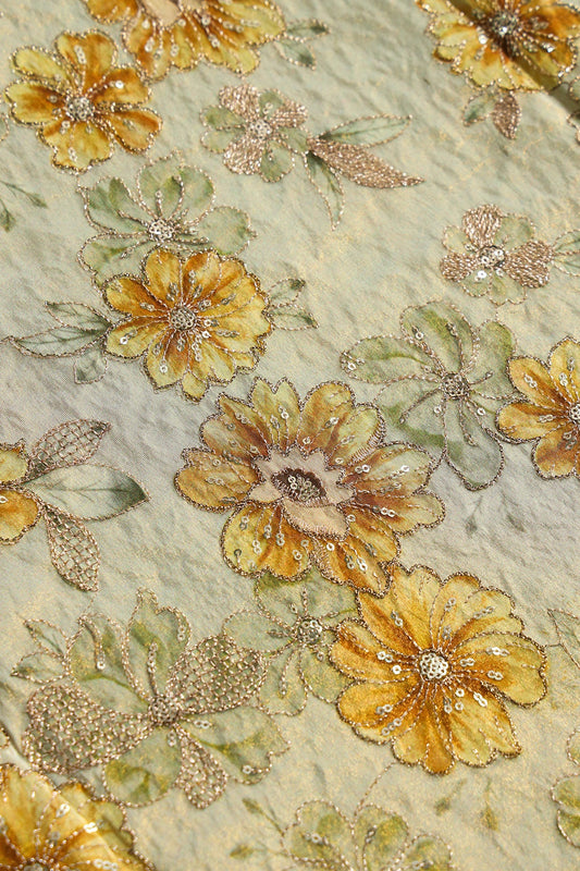 AIzaSyBcstauz-XMPRhEY21AUzeo032pxrXB5Ug - Floral Position Print On Gold Zari With Sequins Embroidery On Olive Viscose Zari Tissue Fabric