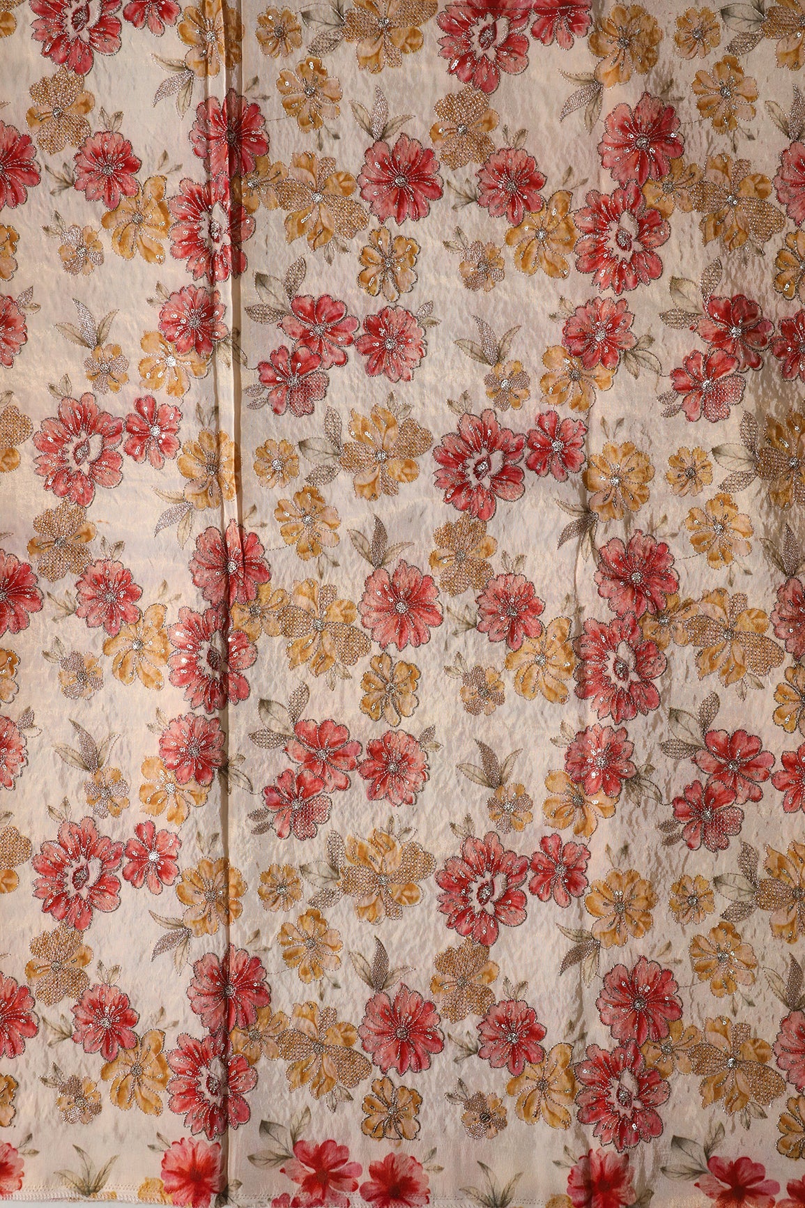 AIzaSyBcstauz-XMPRhEY21AUzeo032pxrXB5Ug - Floral Position Print On Gold Zari With Sequins Embroidery On Light Beige Viscose Zari Tissue Fabric