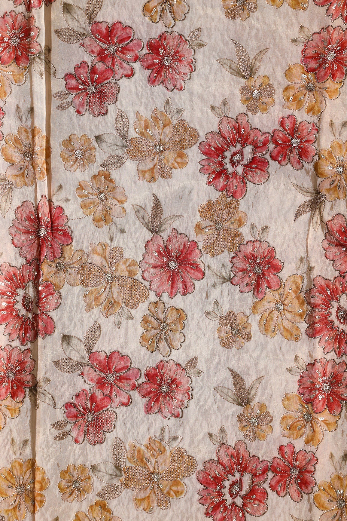 AIzaSyBcstauz-XMPRhEY21AUzeo032pxrXB5Ug - Floral Position Print On Gold Zari With Sequins Embroidery On Light Beige Viscose Zari Tissue Fabric