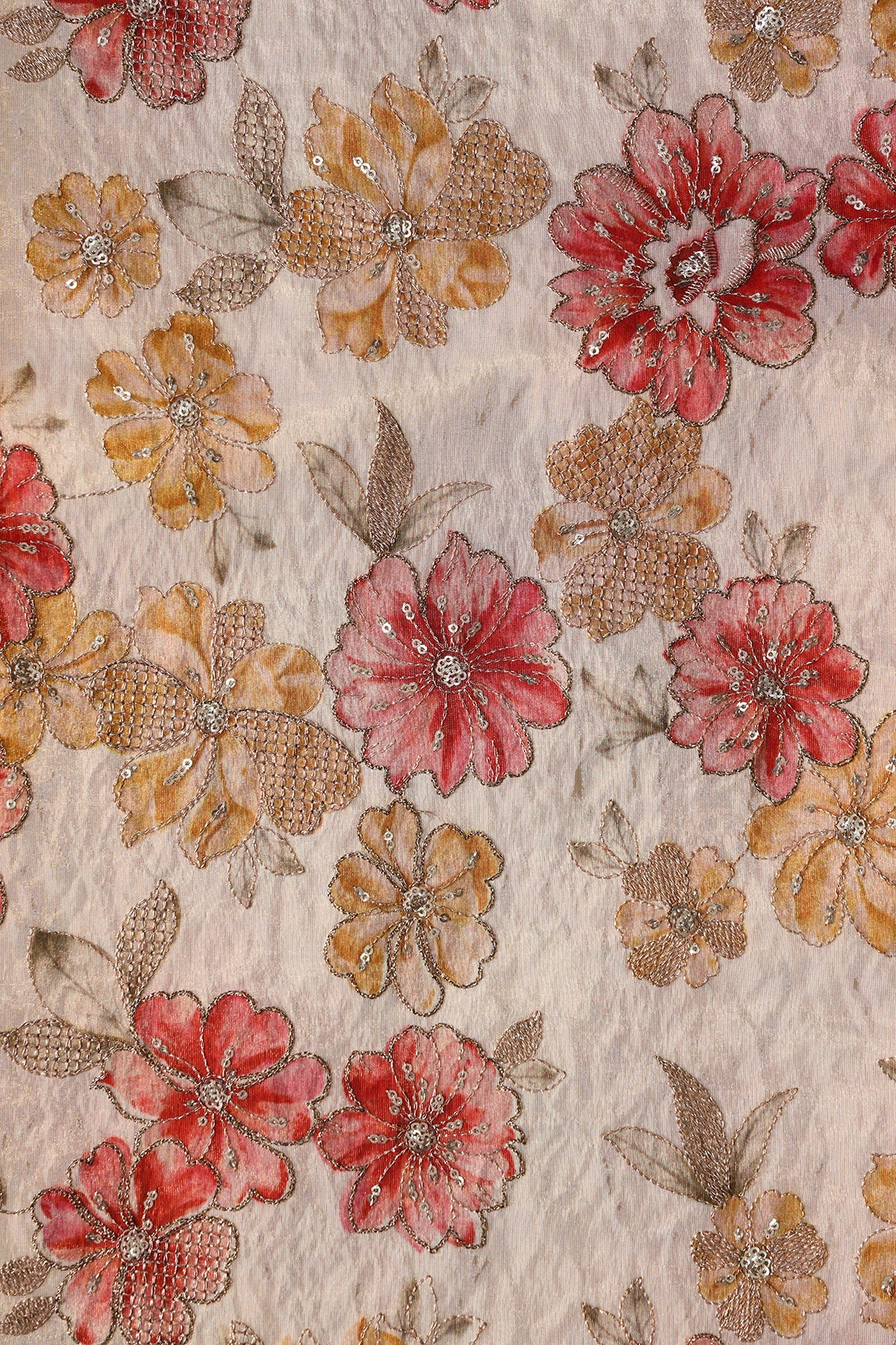 AIzaSyBcstauz-XMPRhEY21AUzeo032pxrXB5Ug - Floral Position Print On Gold Zari With Sequins Embroidery On Light Beige Viscose Zari Tissue Fabric