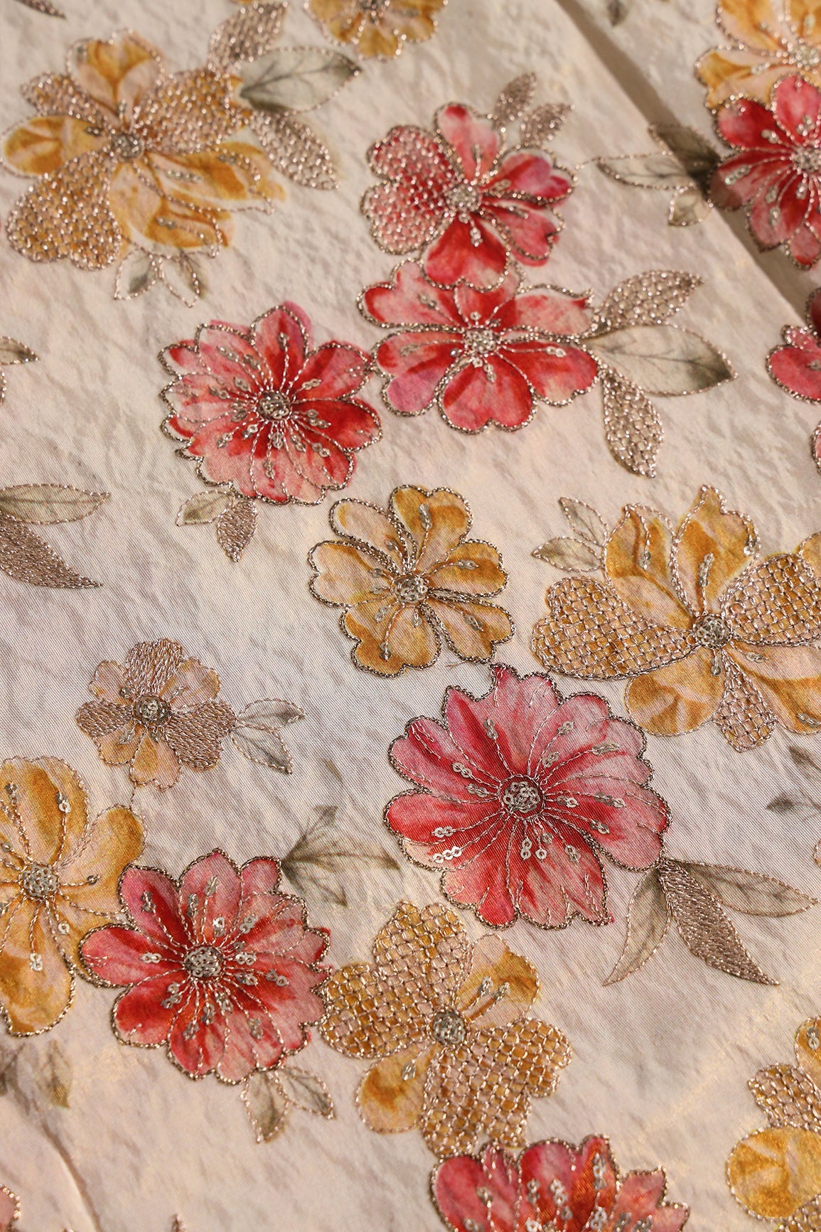 AIzaSyBcstauz-XMPRhEY21AUzeo032pxrXB5Ug - Floral Position Print On Gold Zari With Sequins Embroidery On Light Beige Viscose Zari Tissue Fabric