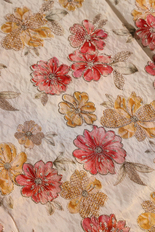 AIzaSyBcstauz-XMPRhEY21AUzeo032pxrXB5Ug - Floral Position Print On Gold Zari With Sequins Embroidery On Light Beige Viscose Zari Tissue Fabric