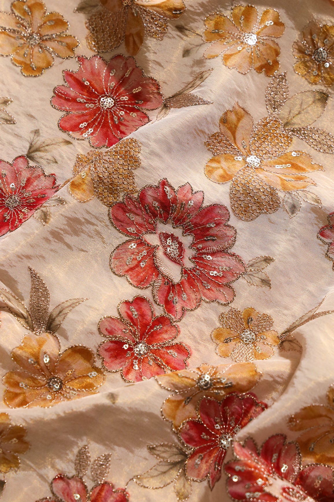AIzaSyBcstauz-XMPRhEY21AUzeo032pxrXB5Ug - Floral Position Print On Gold Zari With Sequins Embroidery On Light Beige Viscose Zari Tissue Fabric