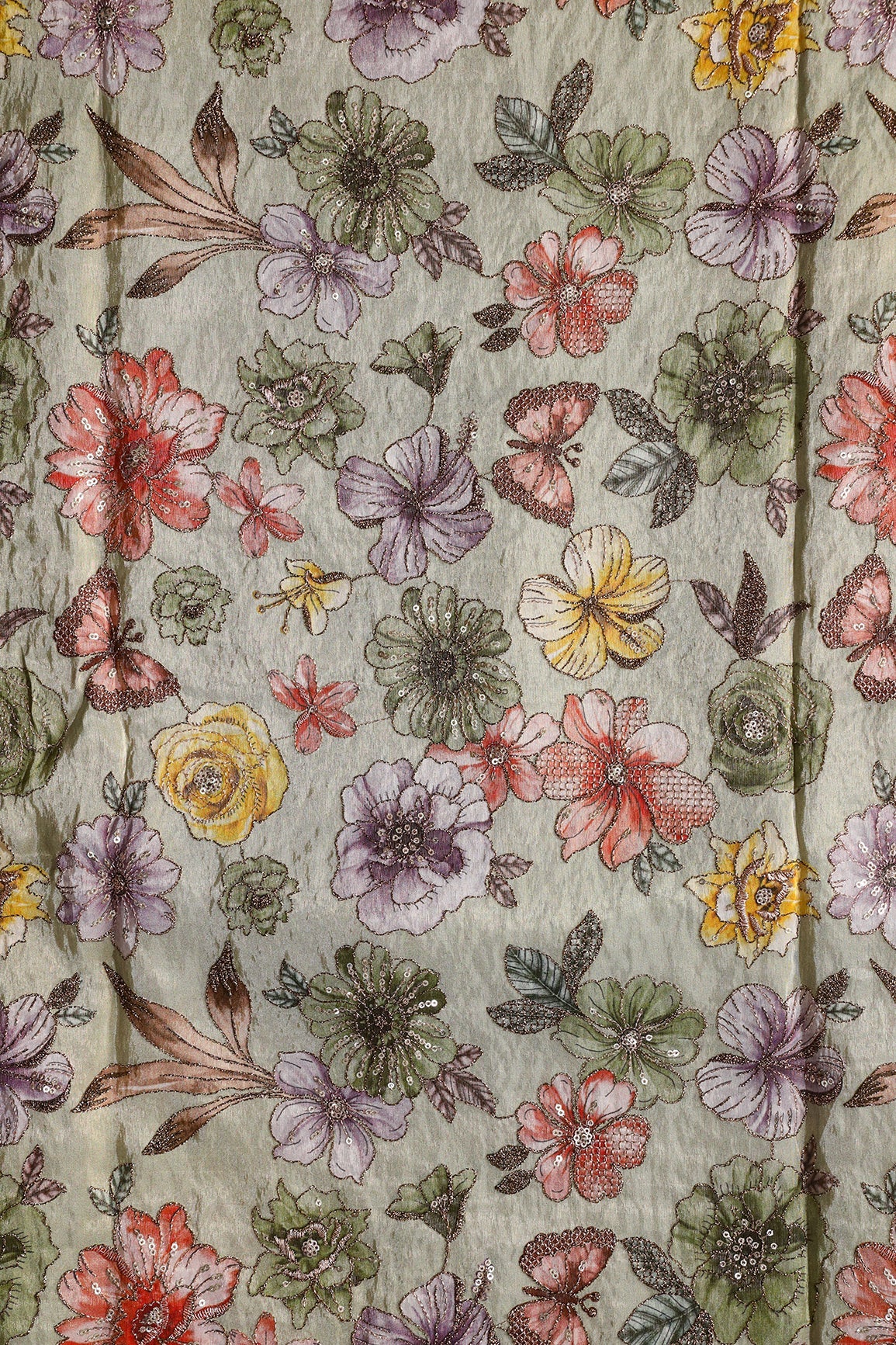 AIzaSyBcstauz-XMPRhEY21AUzeo032pxrXB5Ug - Floral Position Print On Gold Zari With Sequins Embroidery On Olive Viscose Zari Tissue Fabric