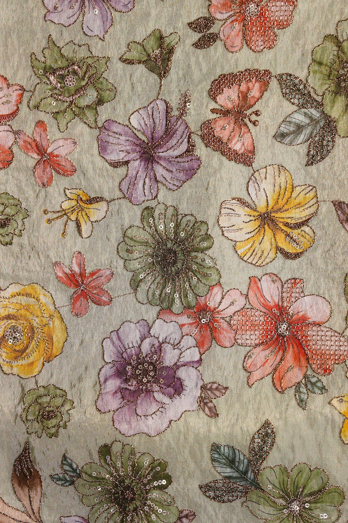 AIzaSyBcstauz-XMPRhEY21AUzeo032pxrXB5Ug - Floral Position Print On Gold Zari With Sequins Embroidery On Olive Viscose Zari Tissue Fabric