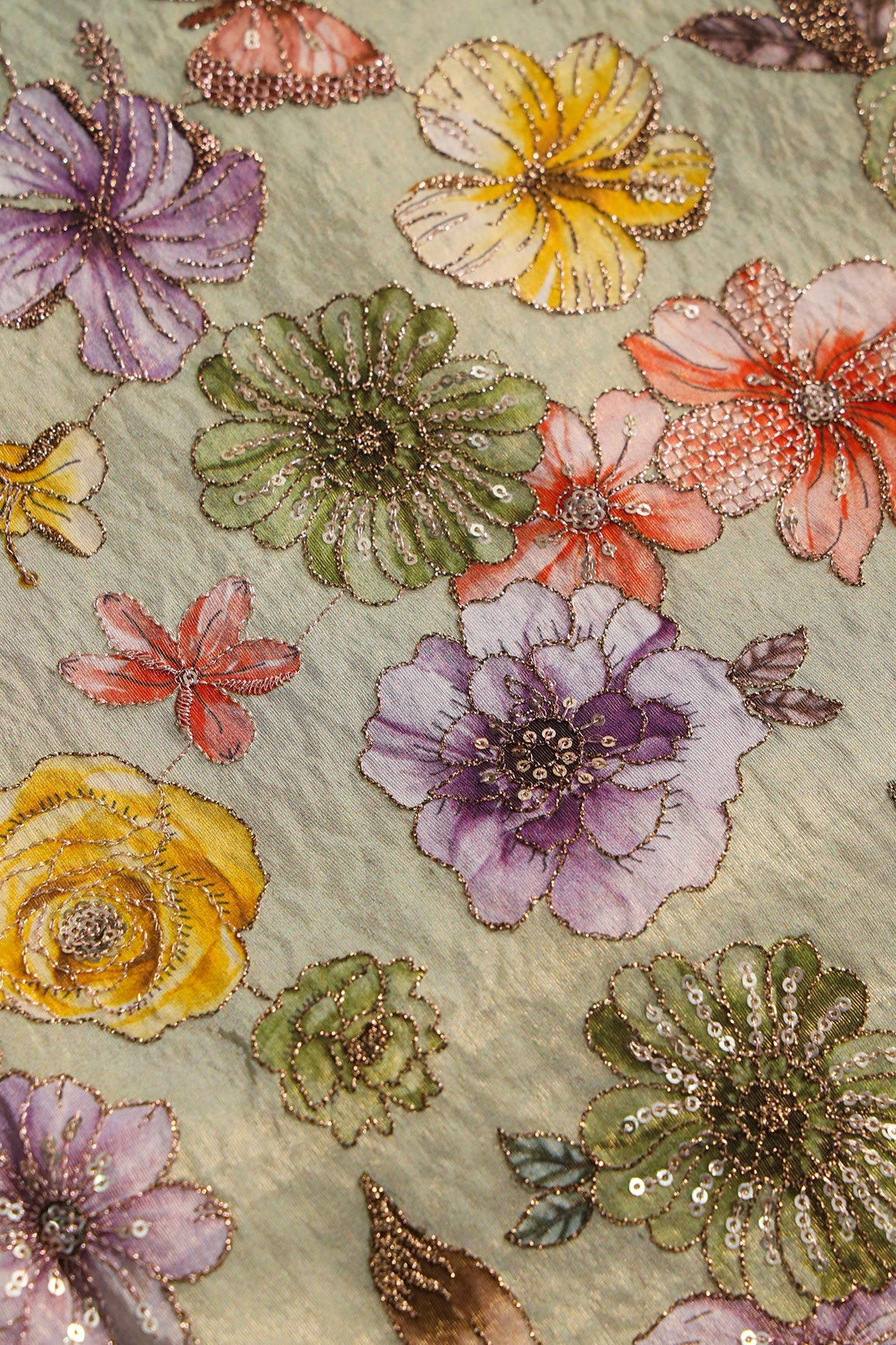 AIzaSyBcstauz-XMPRhEY21AUzeo032pxrXB5Ug - Floral Position Print On Gold Zari With Sequins Embroidery On Olive Viscose Zari Tissue Fabric