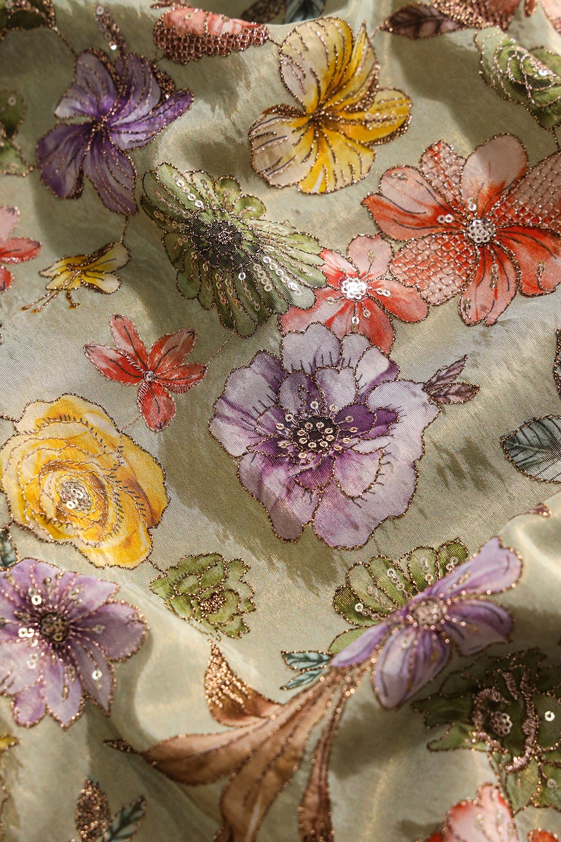 AIzaSyBcstauz-XMPRhEY21AUzeo032pxrXB5Ug - Floral Position Print On Gold Zari With Sequins Embroidery On Olive Viscose Zari Tissue Fabric