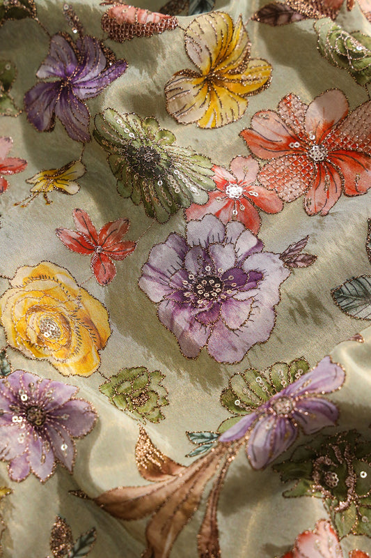 AIzaSyBcstauz-XMPRhEY21AUzeo032pxrXB5Ug - Floral Position Print On Gold Zari With Sequins Embroidery On Olive Viscose Zari Tissue Fabric