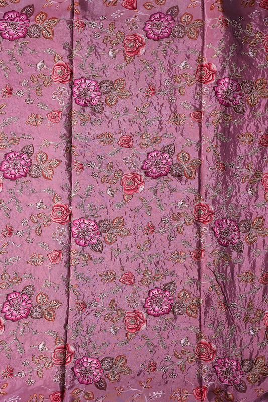 AIzaSyBcstauz-XMPRhEY21AUzeo032pxrXB5Ug - Floral Position Print On Sequins With Zari Embroidery On Dark Mauve Viscose Zari Tissue Fabric