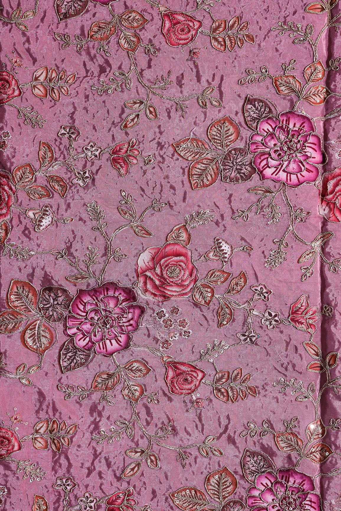 AIzaSyBcstauz-XMPRhEY21AUzeo032pxrXB5Ug - Floral Position Print On Sequins With Zari Embroidery On Dark Mauve Viscose Zari Tissue Fabric
