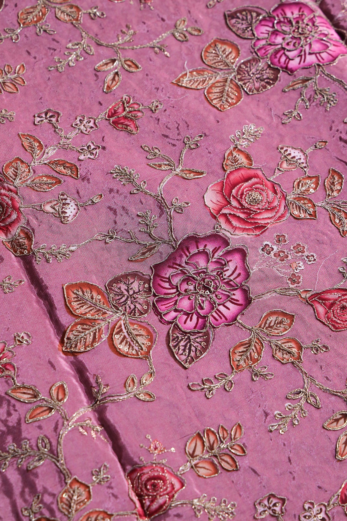 AIzaSyBcstauz-XMPRhEY21AUzeo032pxrXB5Ug - Floral Position Print On Sequins With Zari Embroidery On Dark Mauve Viscose Zari Tissue Fabric