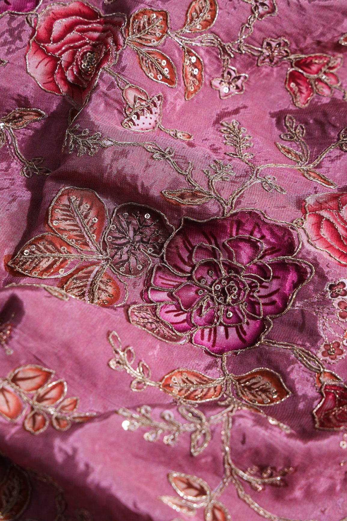AIzaSyBcstauz-XMPRhEY21AUzeo032pxrXB5Ug - Floral Position Print On Sequins With Zari Embroidery On Dark Mauve Viscose Zari Tissue Fabric