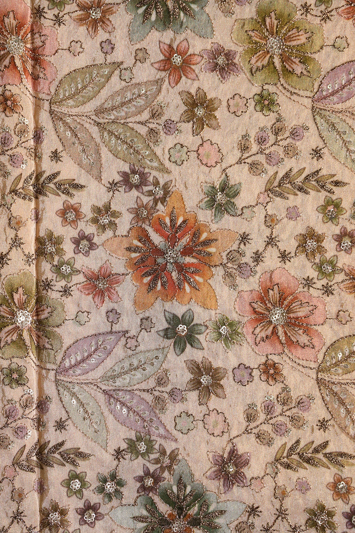 AIzaSyBcstauz-XMPRhEY21AUzeo032pxrXB5Ug - Floral Positional Print On Sequins With Zari Embroidery On Beige Viscose Zari Tissue Fabric