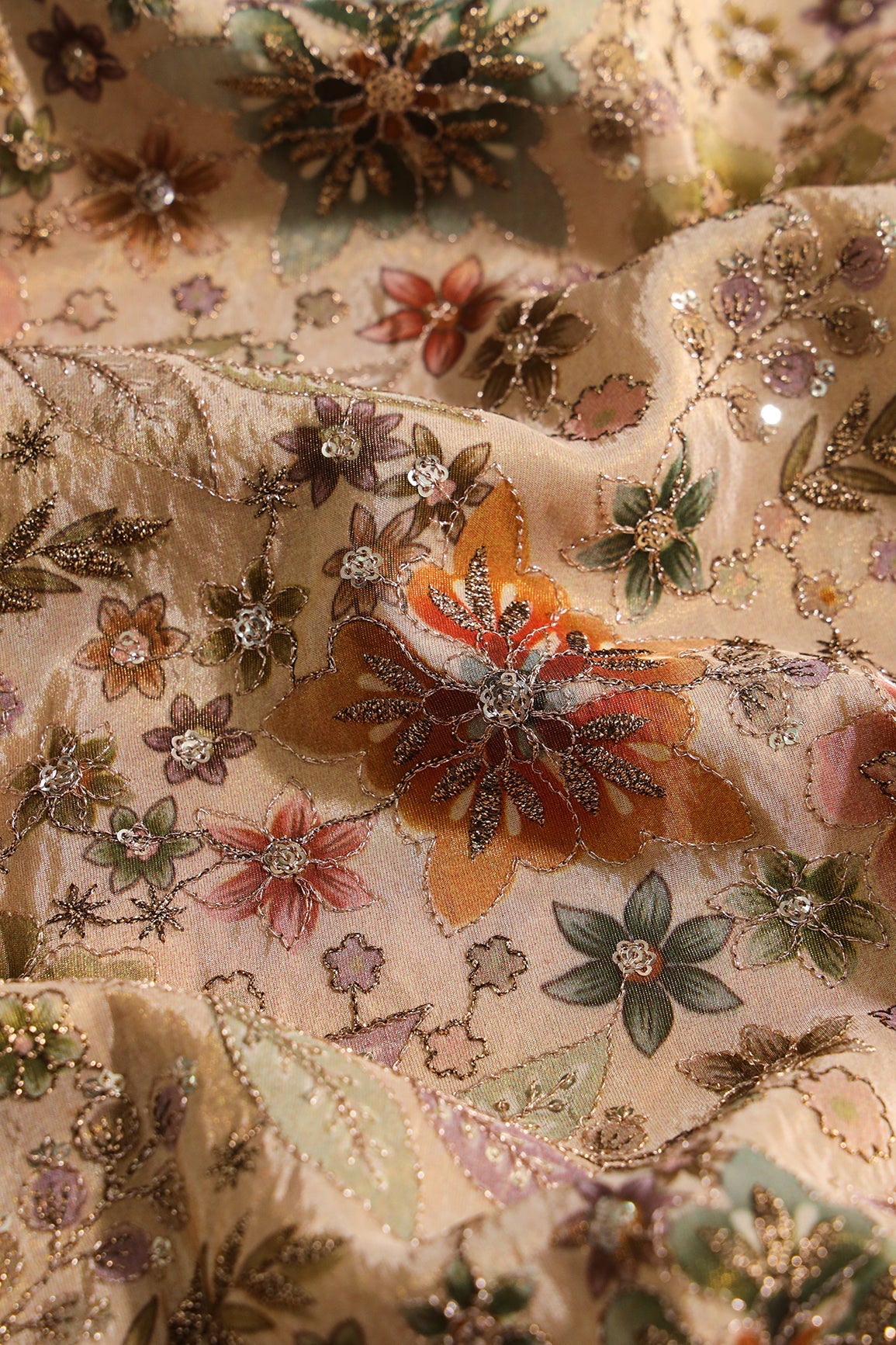 AIzaSyBcstauz-XMPRhEY21AUzeo032pxrXB5Ug - Floral Positional Print On Sequins With Zari Embroidery On Beige Viscose Zari Tissue Fabric