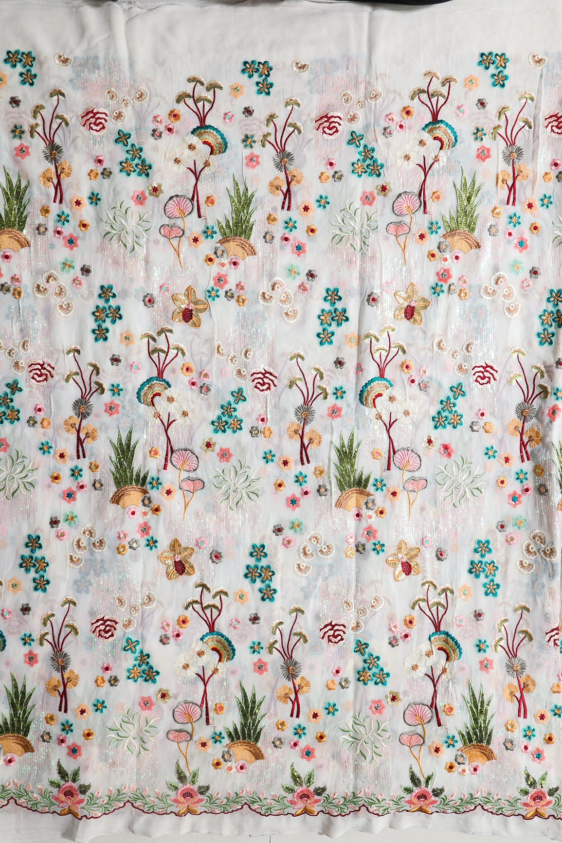 AIzaSyBcstauz-XMPRhEY21AUzeo032pxrXB5Ug - Big Width "52" Multi Sequins With Multi Thread Traditional Embroidery On Dyeable White Viscose Georgette Fabric