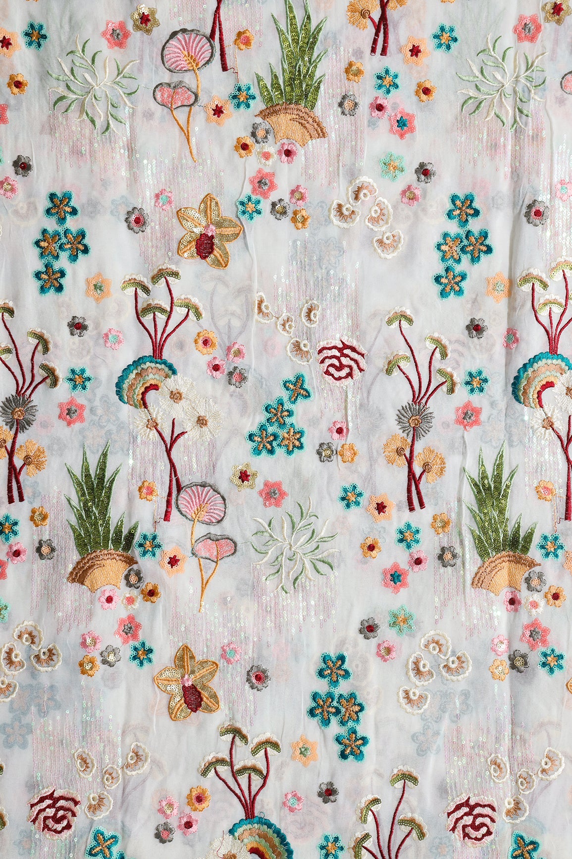 AIzaSyBcstauz-XMPRhEY21AUzeo032pxrXB5Ug - Big Width "52" Multi Sequins With Multi Thread Traditional Embroidery On Dyeable White Viscose Georgette Fabric