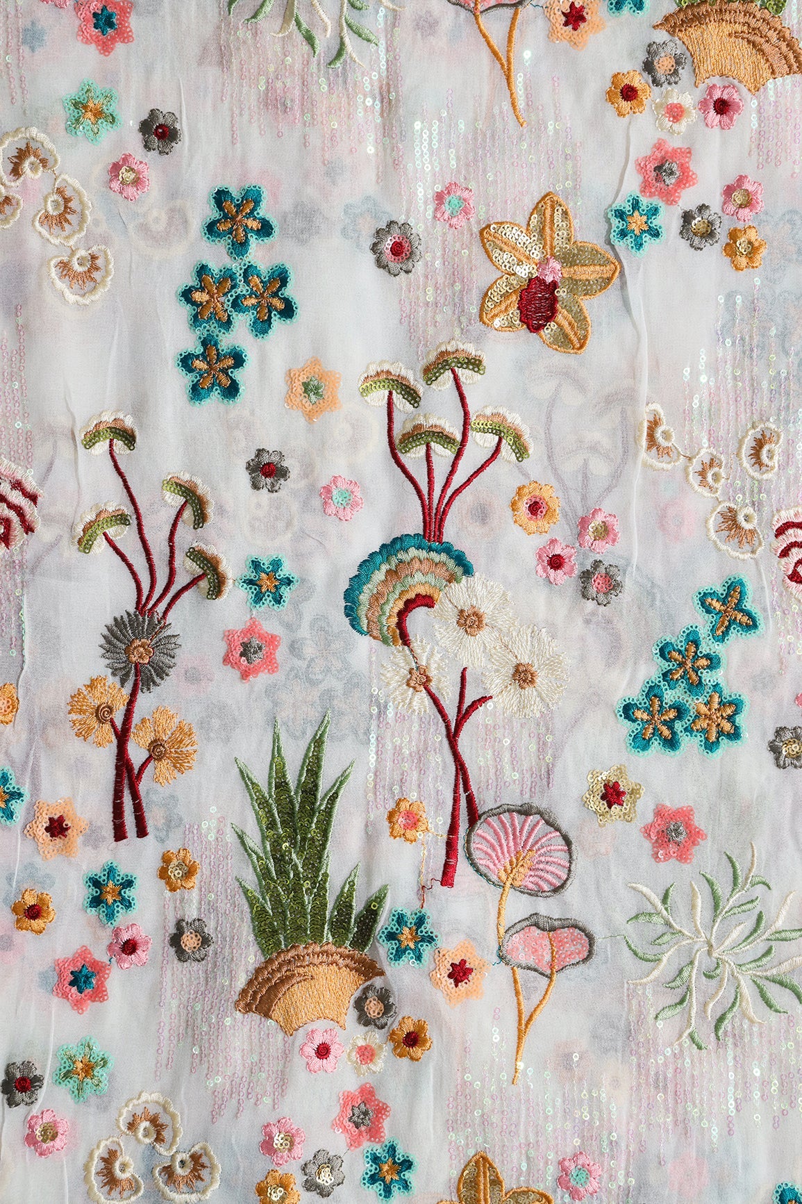 AIzaSyBcstauz-XMPRhEY21AUzeo032pxrXB5Ug - Big Width "52" Multi Sequins With Multi Thread Traditional Embroidery On Dyeable White Viscose Georgette Fabric