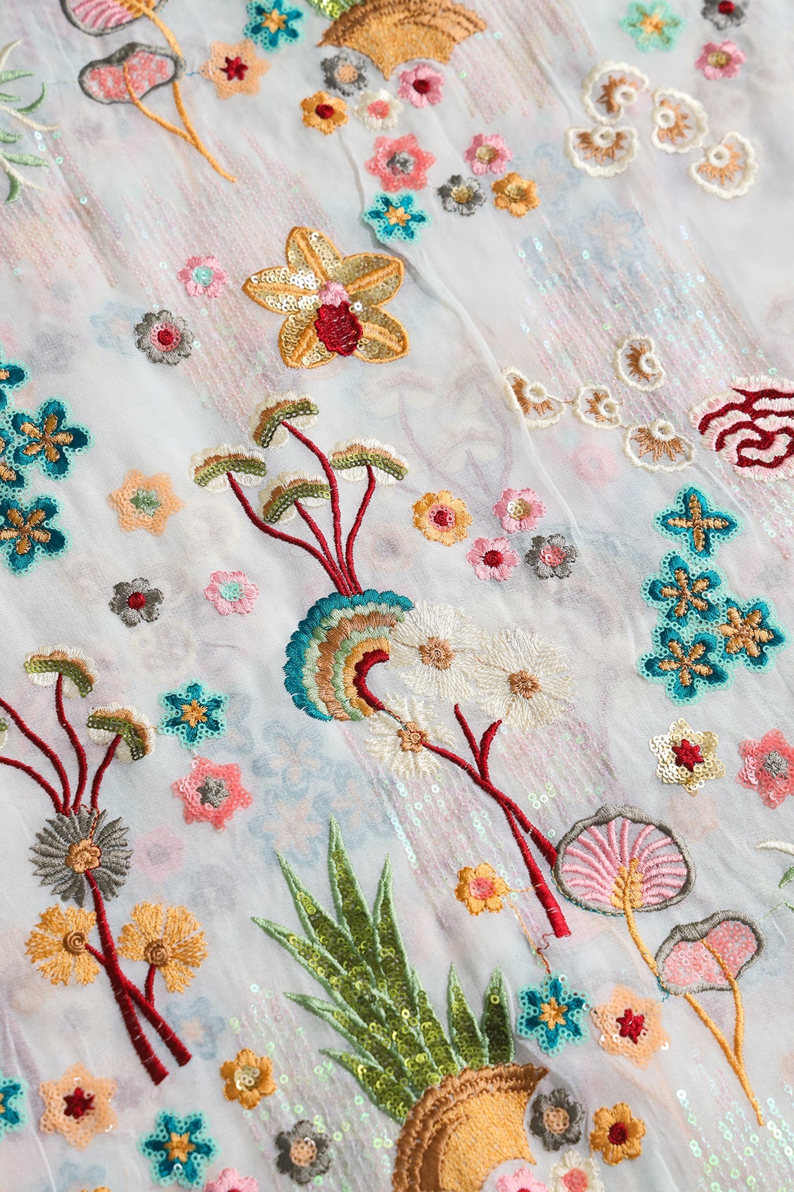 AIzaSyBcstauz-XMPRhEY21AUzeo032pxrXB5Ug - Big Width "52" Multi Sequins With Multi Thread Traditional Embroidery On Dyeable White Viscose Georgette Fabric