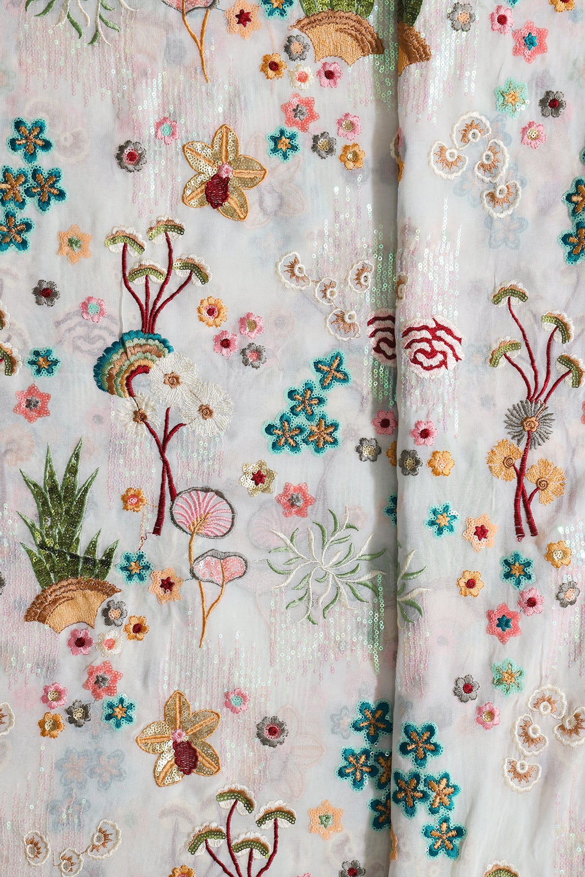 AIzaSyBcstauz-XMPRhEY21AUzeo032pxrXB5Ug - Big Width "52" Multi Sequins With Multi Thread Traditional Embroidery On Dyeable White Viscose Georgette Fabric