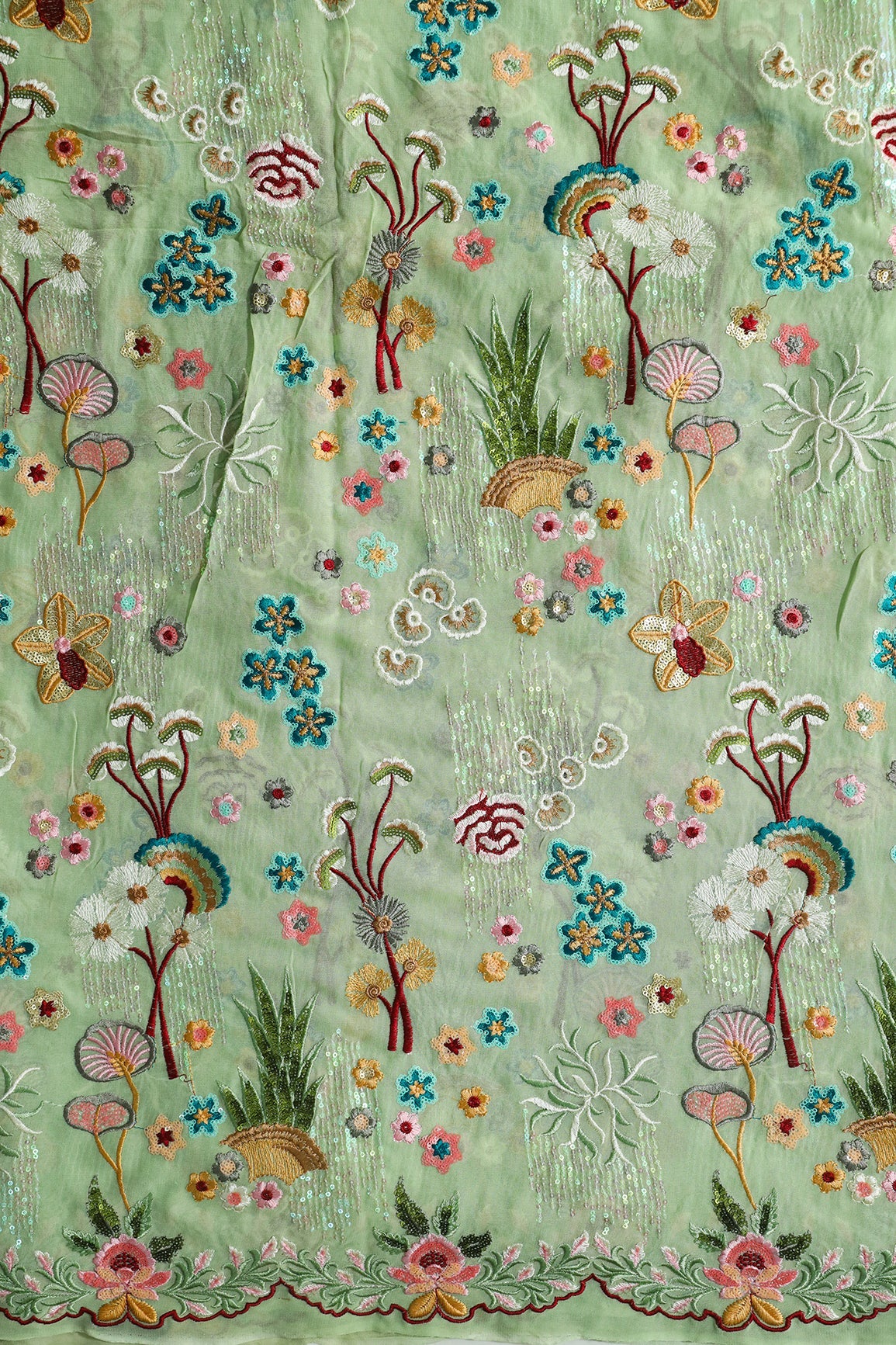 AIzaSyBcstauz-XMPRhEY21AUzeo032pxrXB5Ug - Big Width "52" Multi Sequins With Multi Thread Traditional Embroidery On Olive Viscose Georgette Fabric