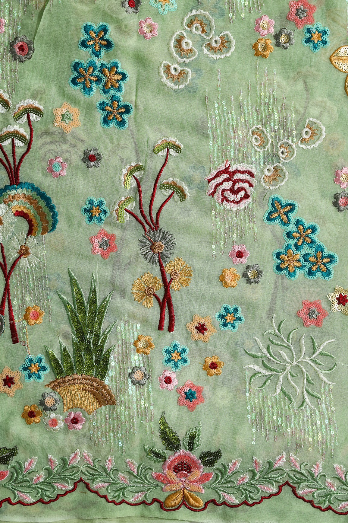 AIzaSyBcstauz-XMPRhEY21AUzeo032pxrXB5Ug - Big Width "52" Multi Sequins With Multi Thread Traditional Embroidery On Olive Viscose Georgette Fabric