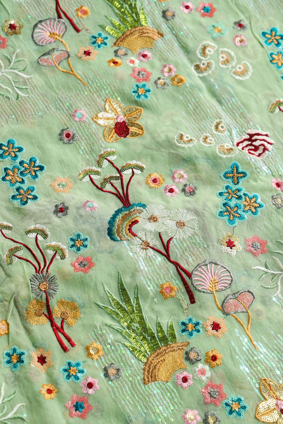 AIzaSyBcstauz-XMPRhEY21AUzeo032pxrXB5Ug - Big Width "52" Multi Sequins With Multi Thread Traditional Embroidery On Olive Viscose Georgette Fabric