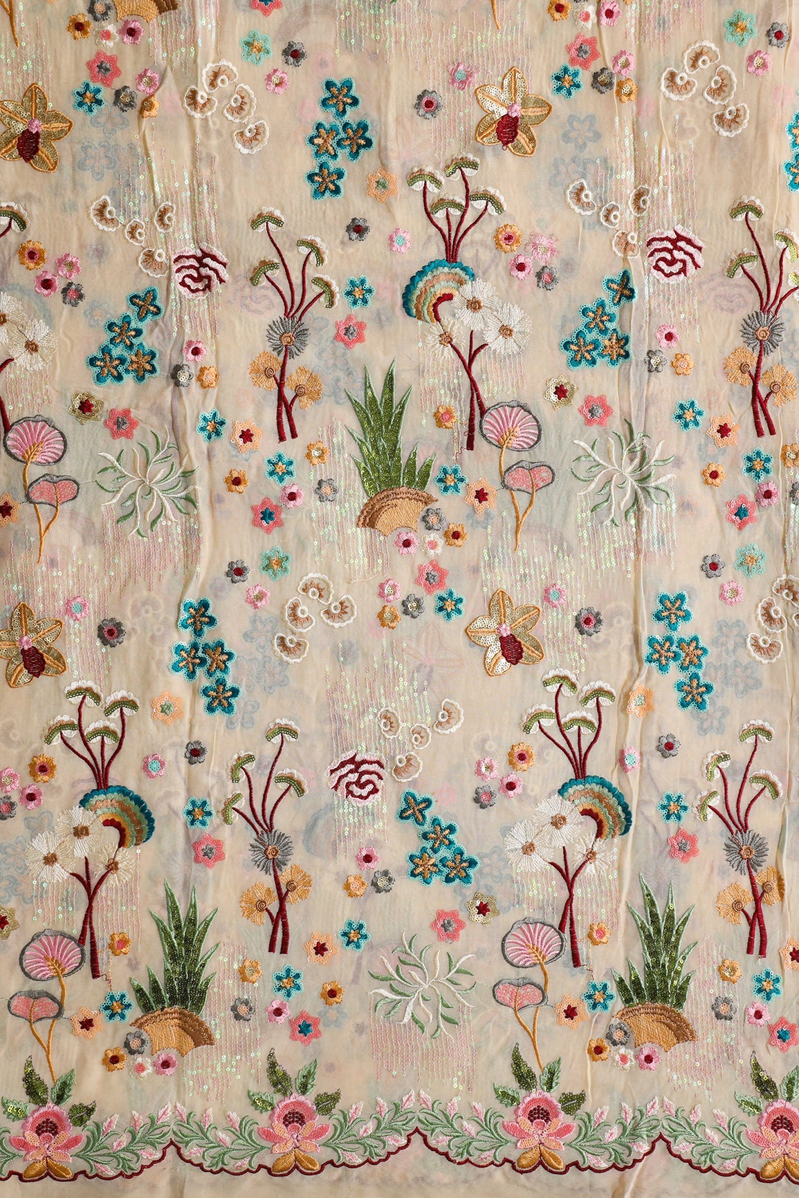 AIzaSyBcstauz-XMPRhEY21AUzeo032pxrXB5Ug - Big Width "52" Multi Sequins With Multi Thread Traditional Embroidery On Beige Viscose Georgette Fabric