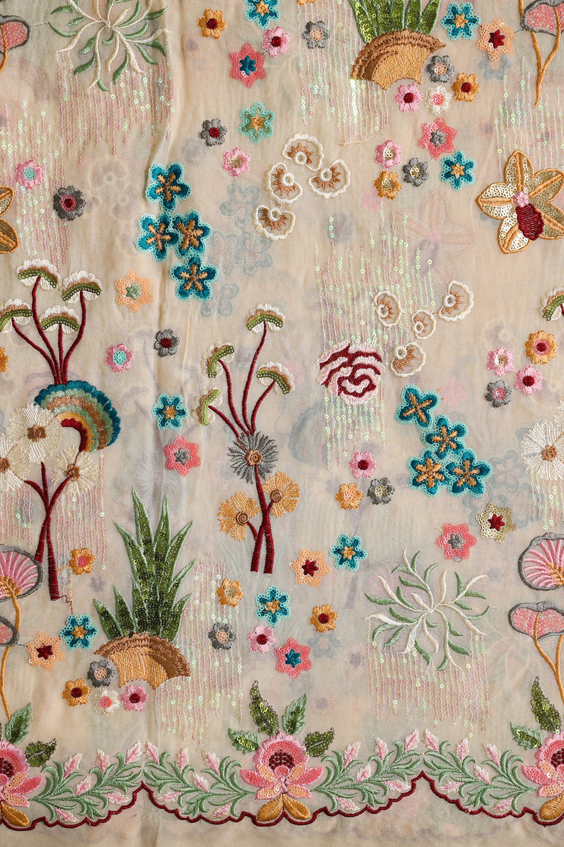 AIzaSyBcstauz-XMPRhEY21AUzeo032pxrXB5Ug - Big Width "52" Multi Sequins With Multi Thread Traditional Embroidery On Beige Viscose Georgette Fabric