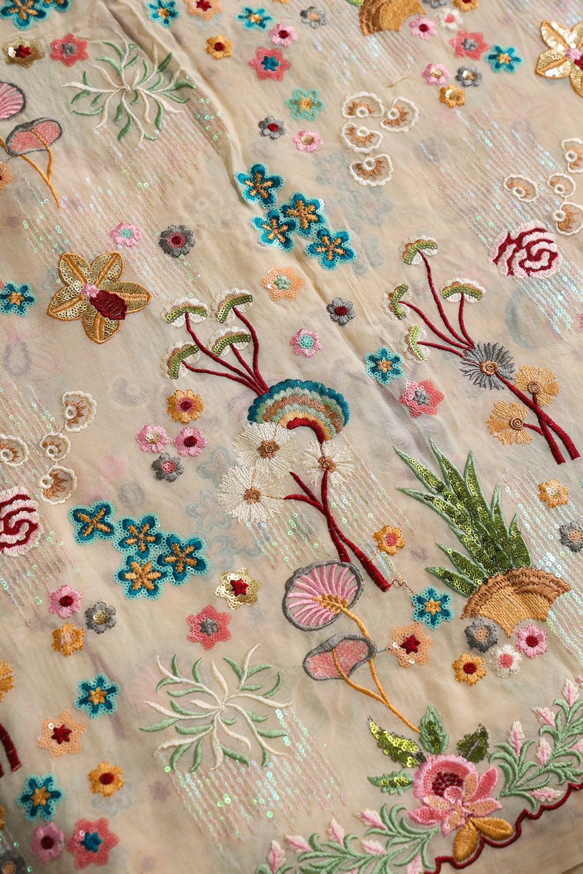 AIzaSyBcstauz-XMPRhEY21AUzeo032pxrXB5Ug - Big Width "52" Multi Sequins With Multi Thread Traditional Embroidery On Beige Viscose Georgette Fabric