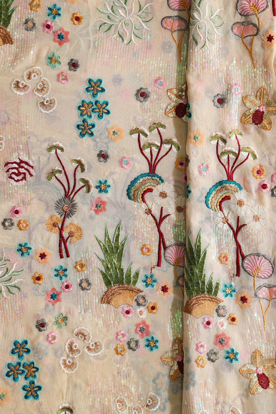 AIzaSyBcstauz-XMPRhEY21AUzeo032pxrXB5Ug - Big Width "52" Multi Sequins With Multi Thread Traditional Embroidery On Beige Viscose Georgette Fabric