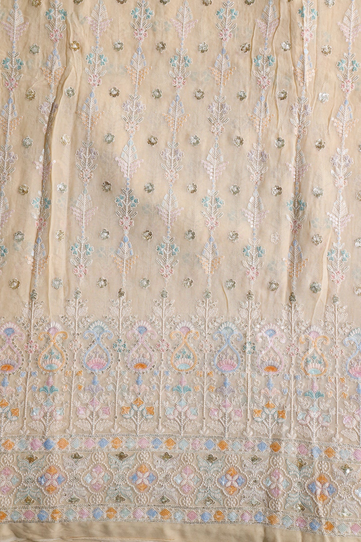 AIzaSyBcstauz-XMPRhEY21AUzeo032pxrXB5Ug - Big Width "52" Multi Sequins With White Thread Traditional Embroidery On Light Beige Viscose Georgette Fabric With Border