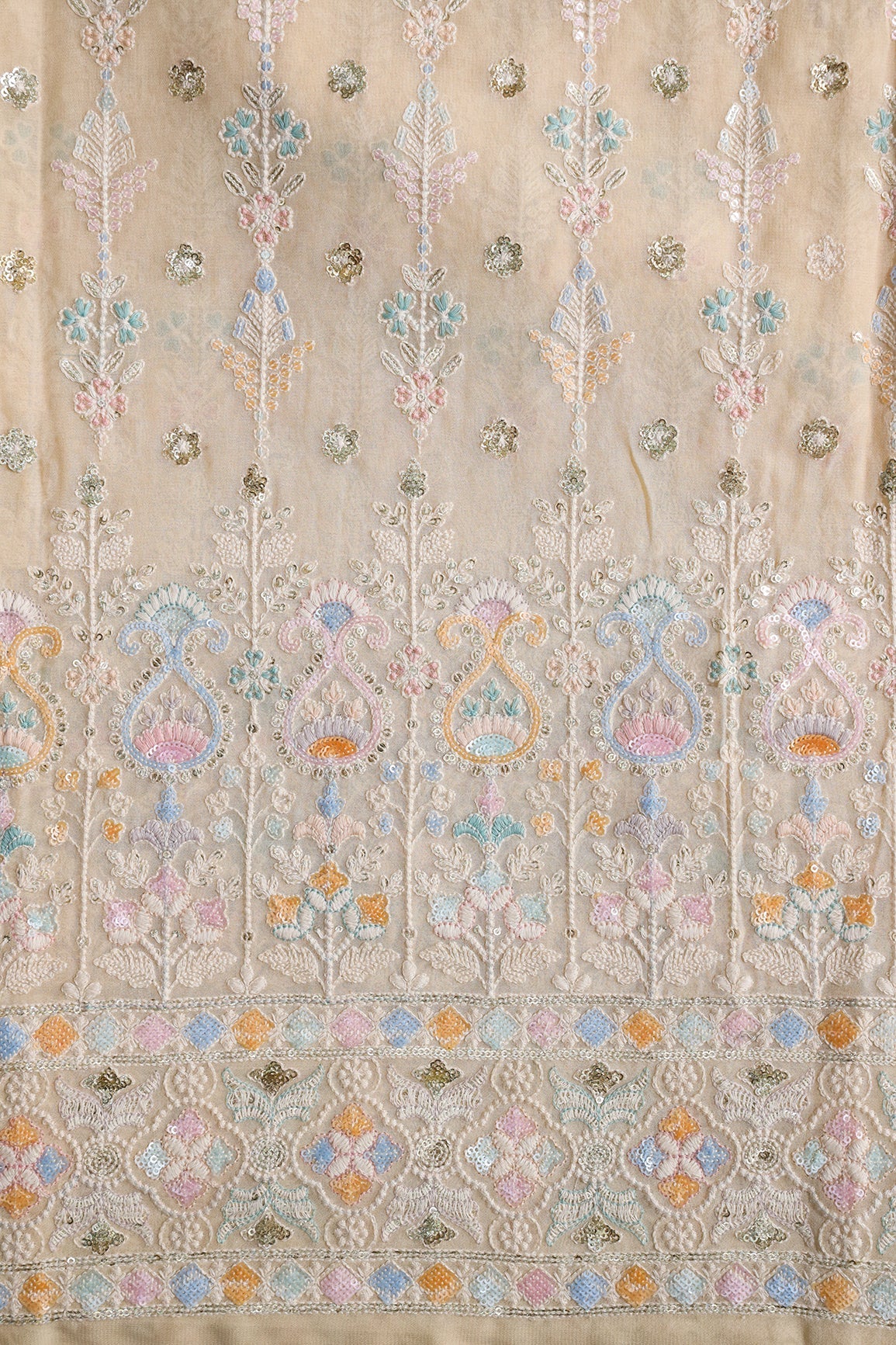 AIzaSyBcstauz-XMPRhEY21AUzeo032pxrXB5Ug - Big Width "52" Multi Sequins With White Thread Traditional Embroidery On Light Beige Viscose Georgette Fabric With Border