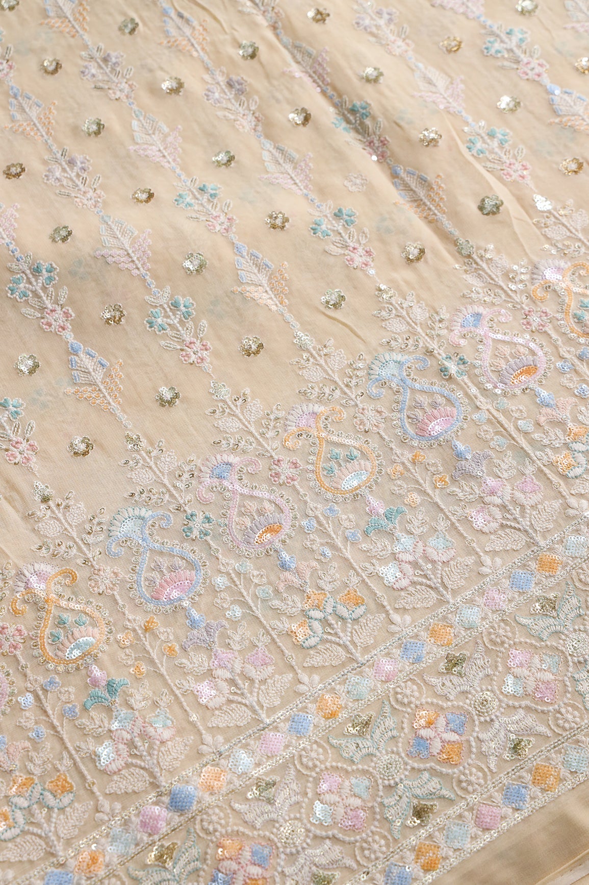 AIzaSyBcstauz-XMPRhEY21AUzeo032pxrXB5Ug - Big Width "52" Multi Sequins With White Thread Traditional Embroidery On Light Beige Viscose Georgette Fabric With Border