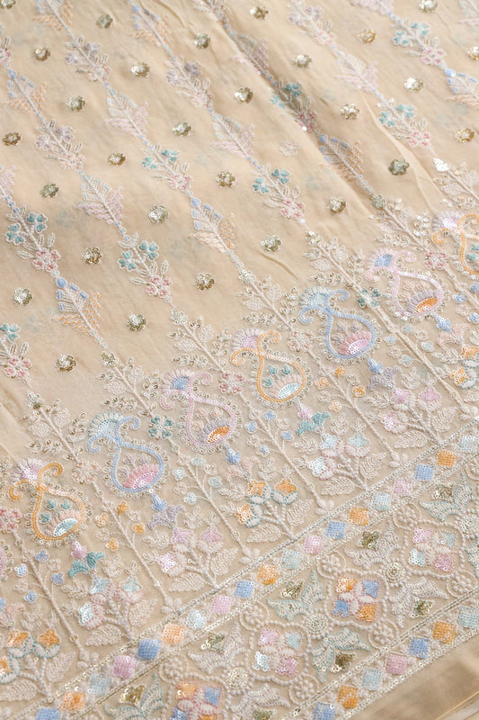 AIzaSyBcstauz-XMPRhEY21AUzeo032pxrXB5Ug - Big Width "52" Multi Sequins With White Thread Traditional Embroidery On Light Beige Viscose Georgette Fabric With Border