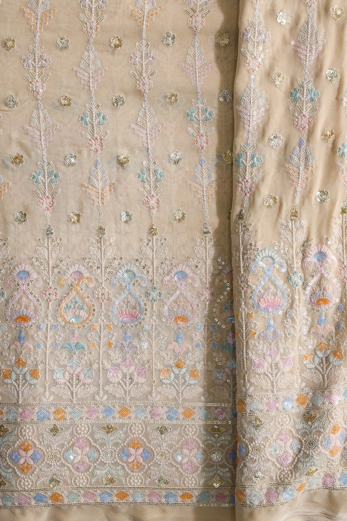 AIzaSyBcstauz-XMPRhEY21AUzeo032pxrXB5Ug - Big Width "52" Multi Sequins With White Thread Traditional Embroidery On Light Beige Viscose Georgette Fabric With Border