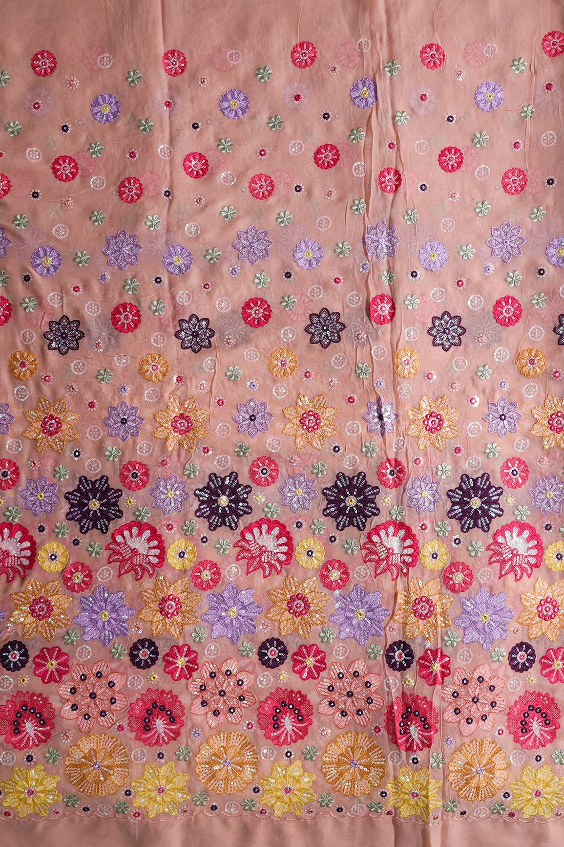 AIzaSyBcstauz-XMPRhEY21AUzeo032pxrXB5Ug - Big Width "52" Exclusive Floral Designer Embroidery With Faux Mirror On Peach Viscose Georgette Fabric