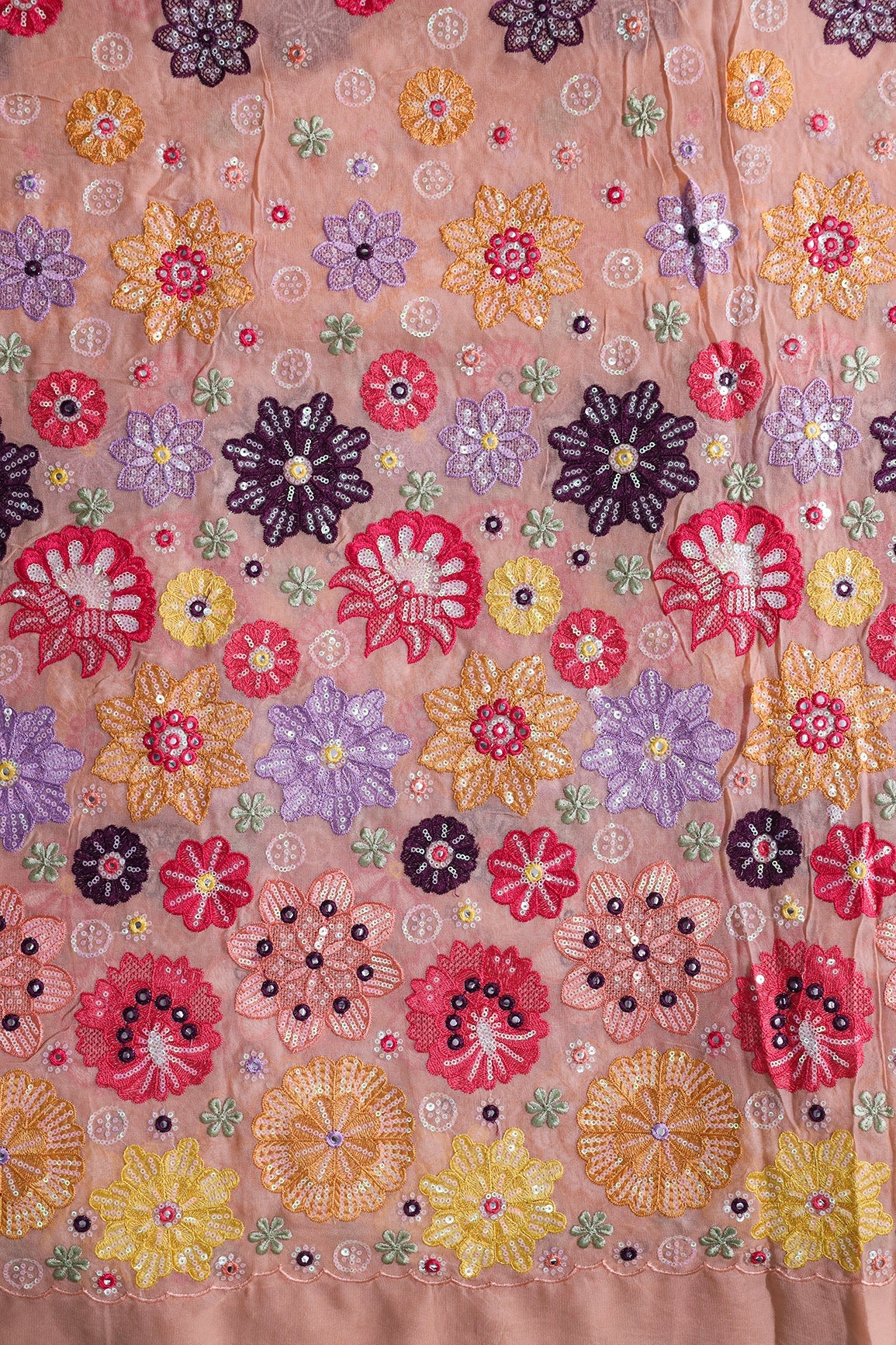 AIzaSyBcstauz-XMPRhEY21AUzeo032pxrXB5Ug - Big Width "52" Exclusive Floral Designer Embroidery With Faux Mirror On Peach Viscose Georgette Fabric