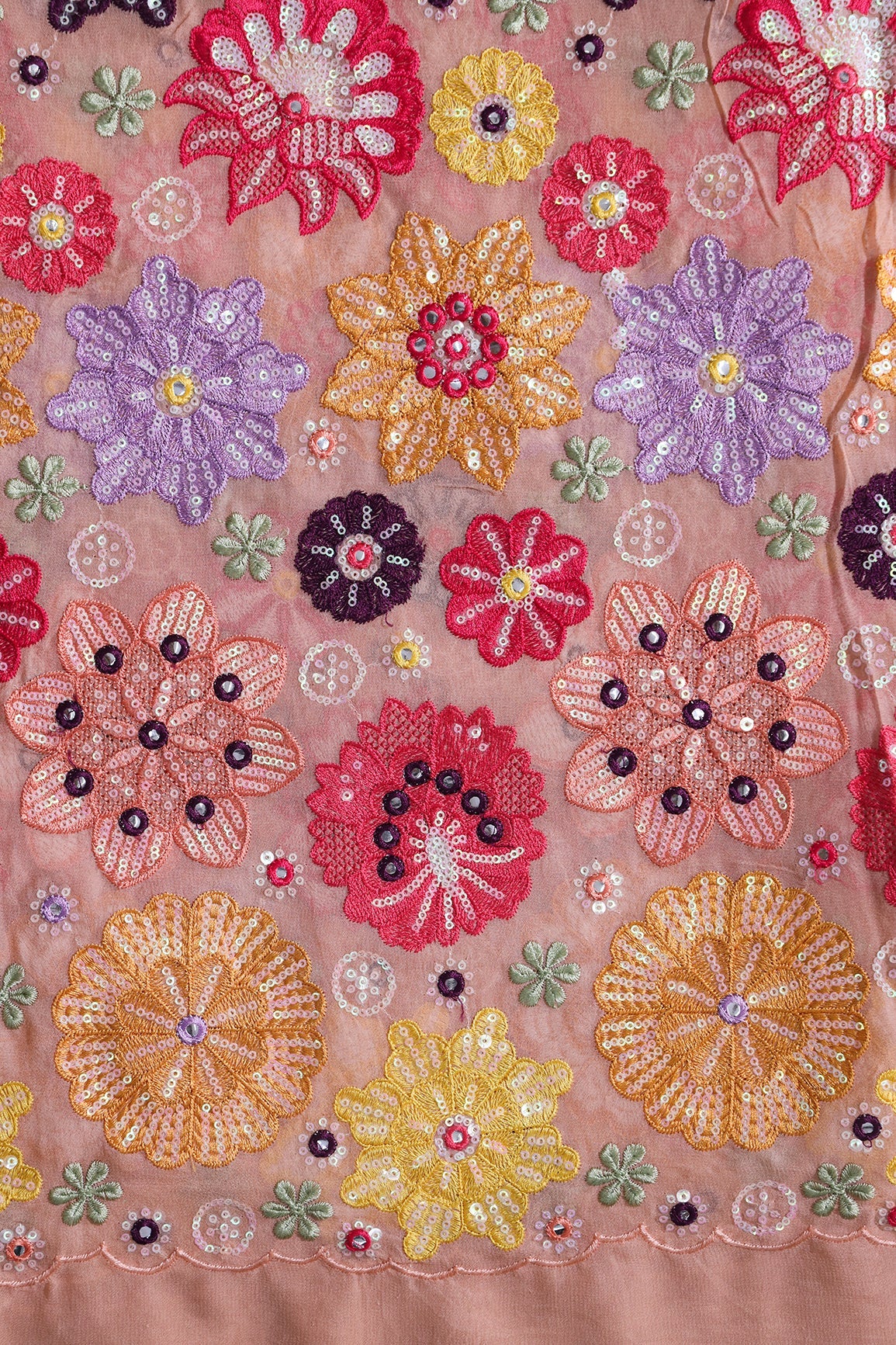 AIzaSyBcstauz-XMPRhEY21AUzeo032pxrXB5Ug - Big Width "52" Exclusive Floral Designer Embroidery With Faux Mirror On Peach Viscose Georgette Fabric