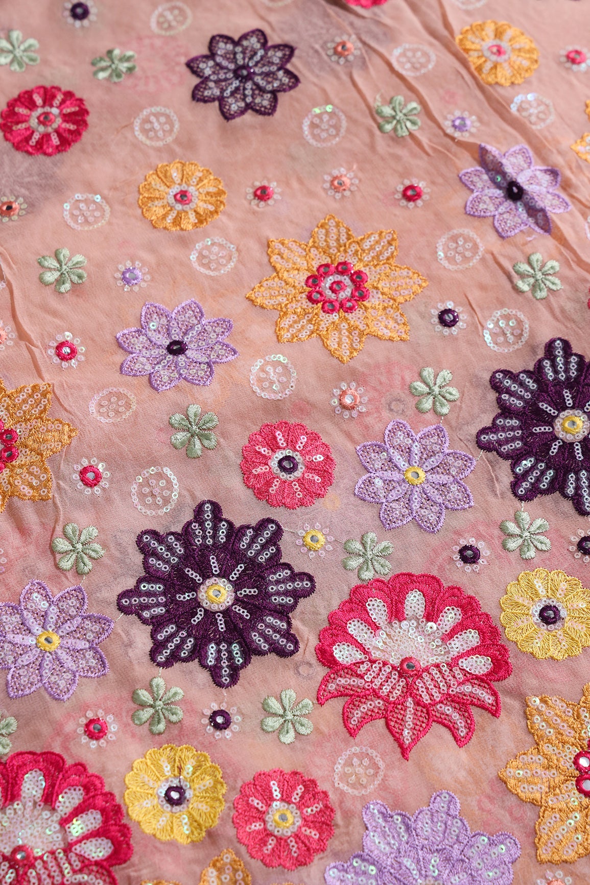 AIzaSyBcstauz-XMPRhEY21AUzeo032pxrXB5Ug - Big Width "52" Exclusive Floral Designer Embroidery With Faux Mirror On Peach Viscose Georgette Fabric