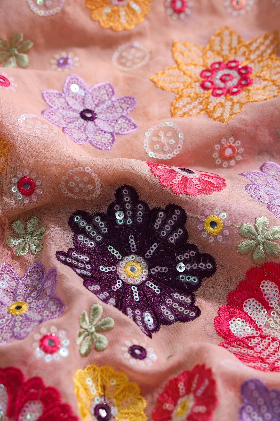 AIzaSyBcstauz-XMPRhEY21AUzeo032pxrXB5Ug - Big Width "52" Exclusive Floral Designer Embroidery With Faux Mirror On Peach Viscose Georgette Fabric